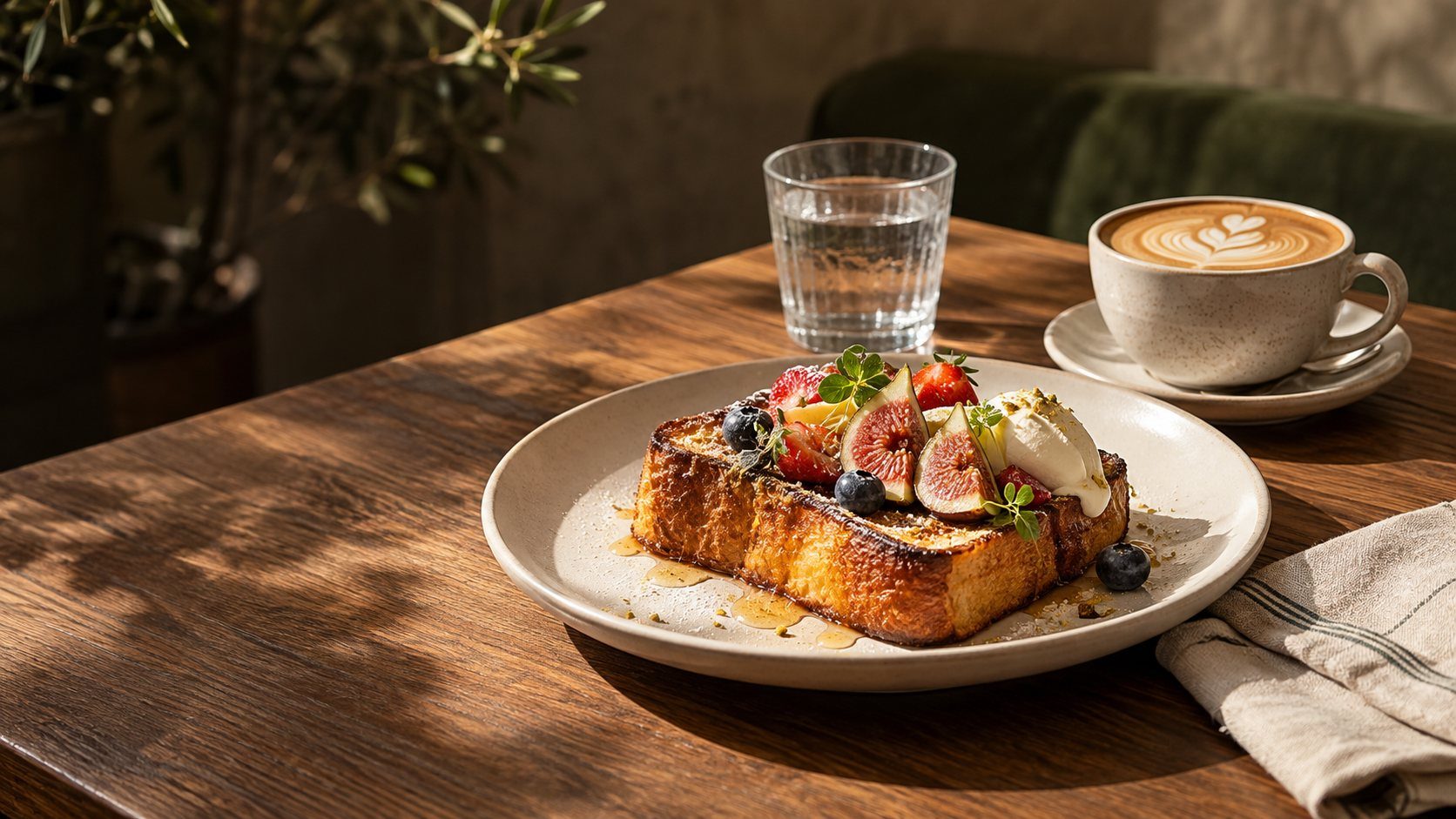 Brioche áp chảo với sung và quả mọng bên ly latte trong nắng sáng