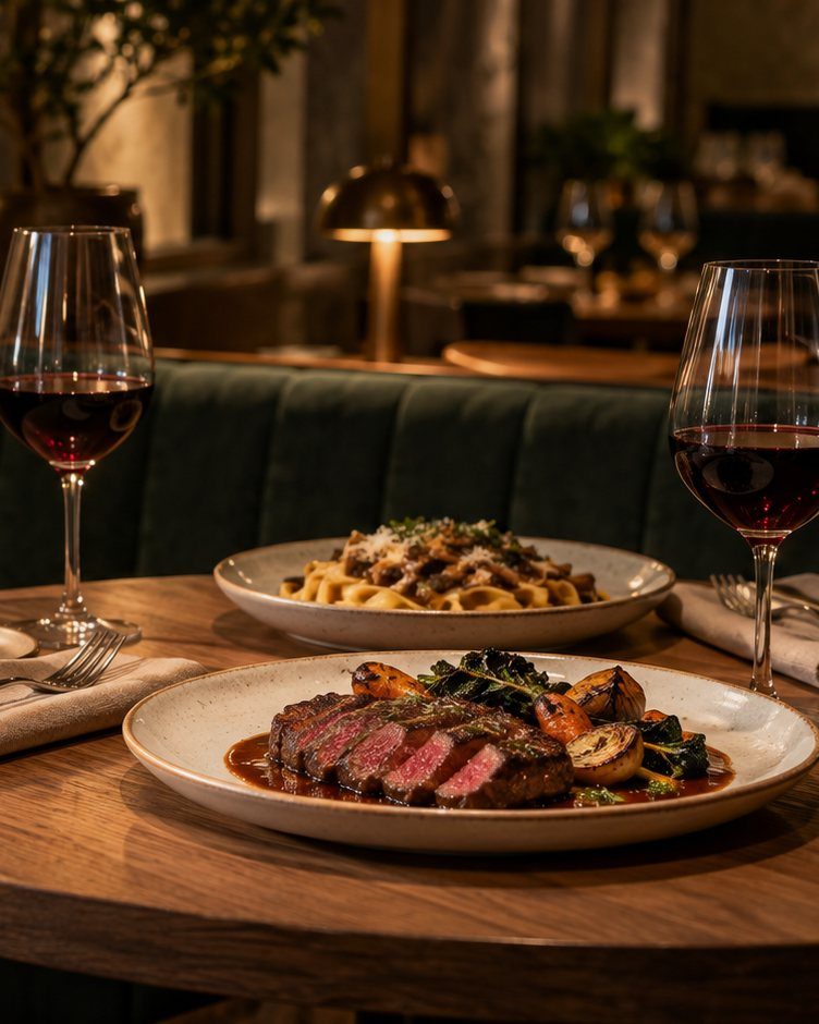 Steak, pasta và hai ly vang đỏ trên bàn gỗ tròn buổi tối