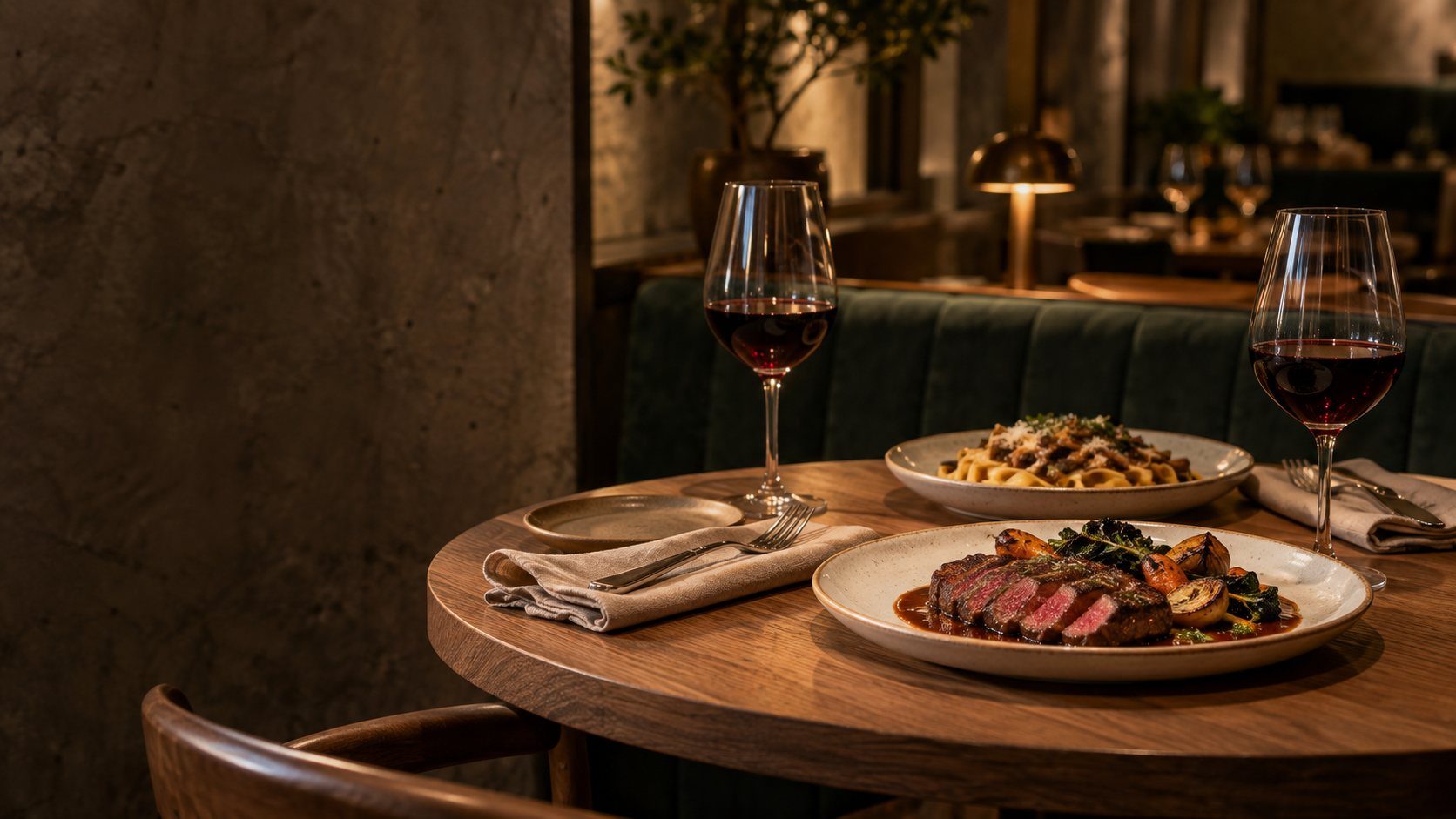 Steak, pasta và hai ly vang đỏ trên bàn gỗ tròn buổi tối