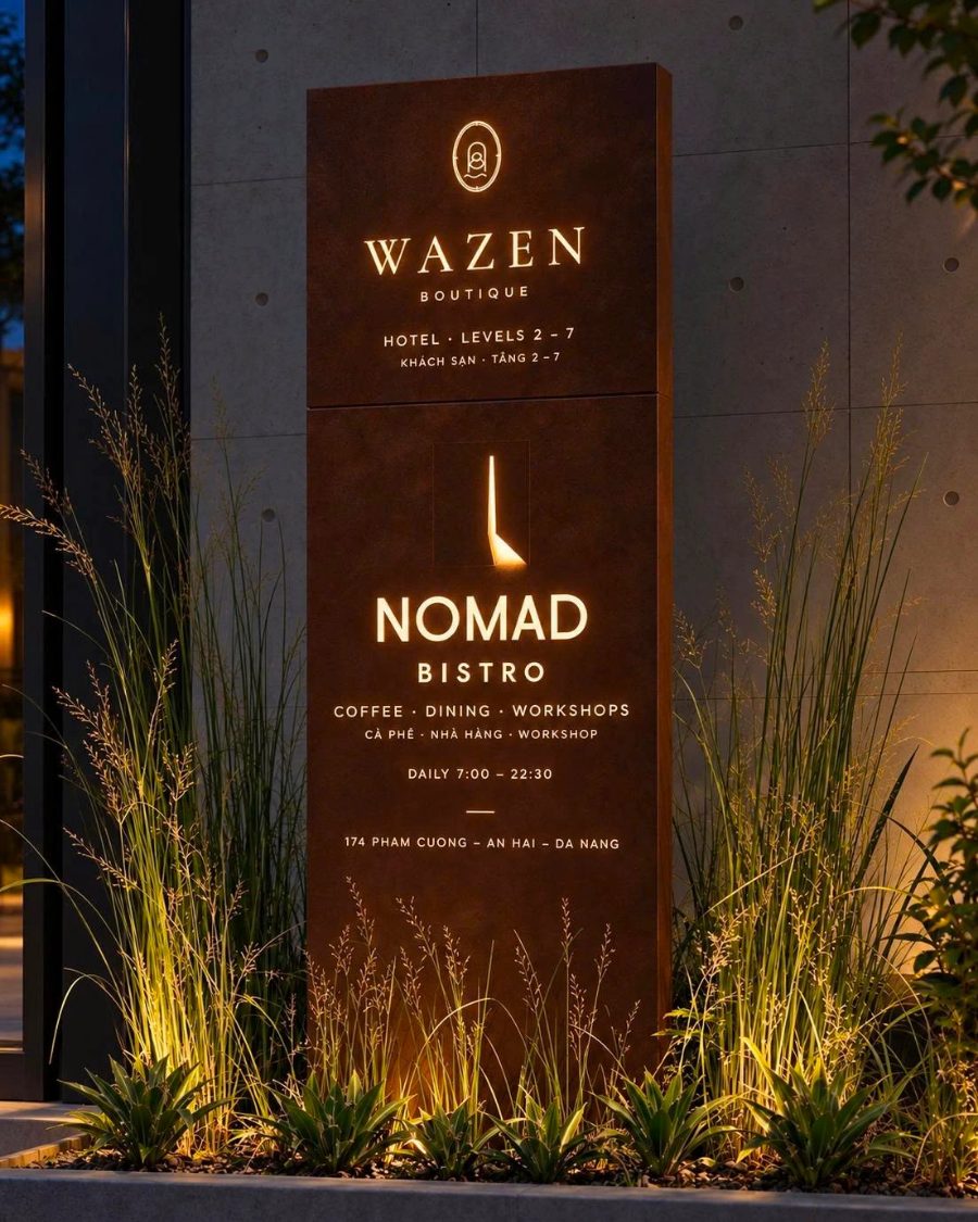 Bảng hiệu Wazen Boutique và Nomad Bistro phát sáng ở lối vào buổi tối