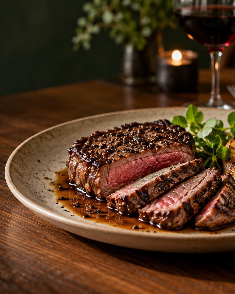Steak cắt lát với sốt tiêu đen trên đĩa gốm