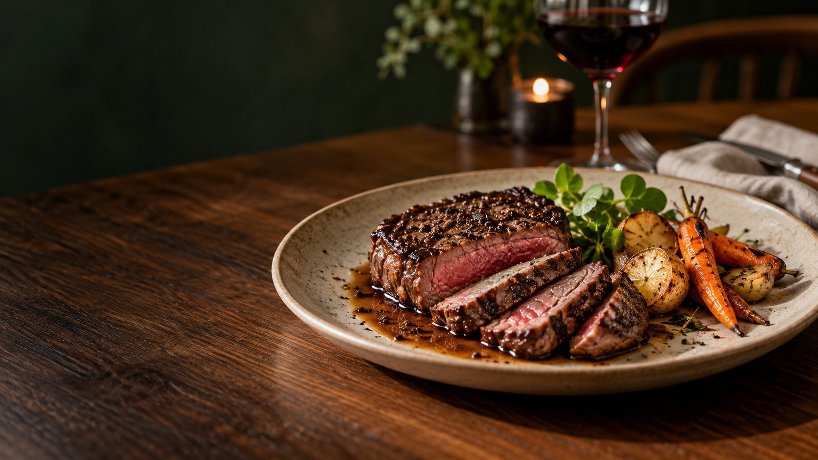 Steak cắt lát với sốt tiêu đen trên đĩa gốm